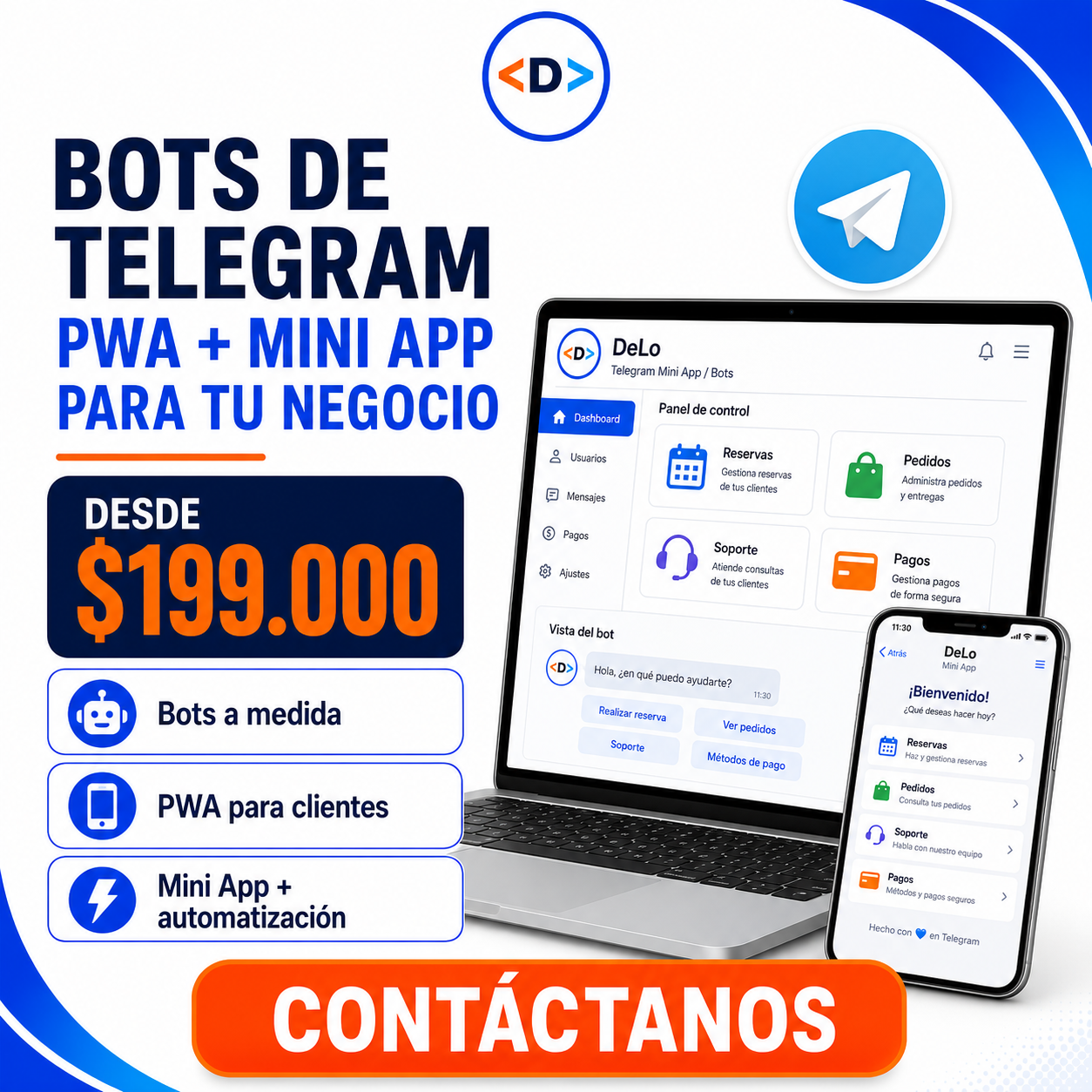 Bots de Telegram + PWA + Mini App — DeLo